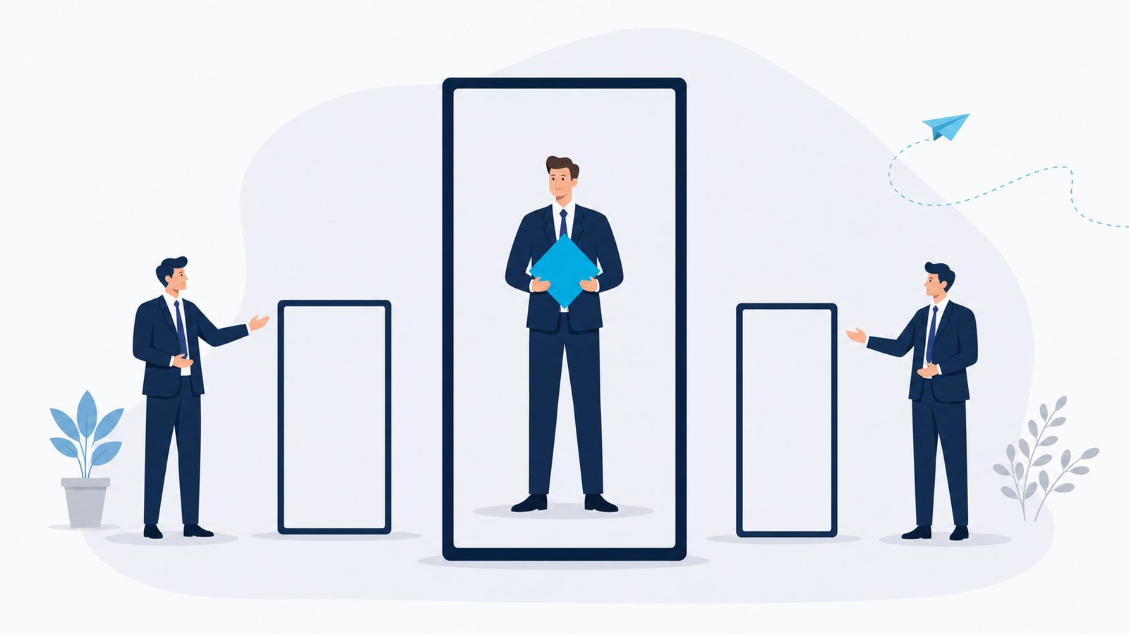 A navy-suited business figure standing inside a bounded rectangular space, with two soft parallel navy borders defining left and right — the borders of delegation and escalation. A gentle celeste diamond glows within the enclosed space, representing the space of autonomy. Two smaller figures stand at the edges, each managing an adjacent space; the composition suggests architecture and clean seams.