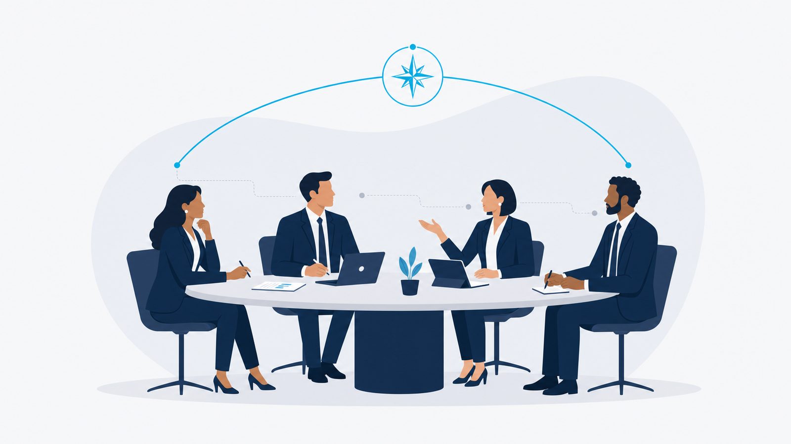 A small board of directors seated around a table in structured deliberation; a single celeste line traces the arc of judgment moving between the individual director, the collective body, and the shareholder mandate.