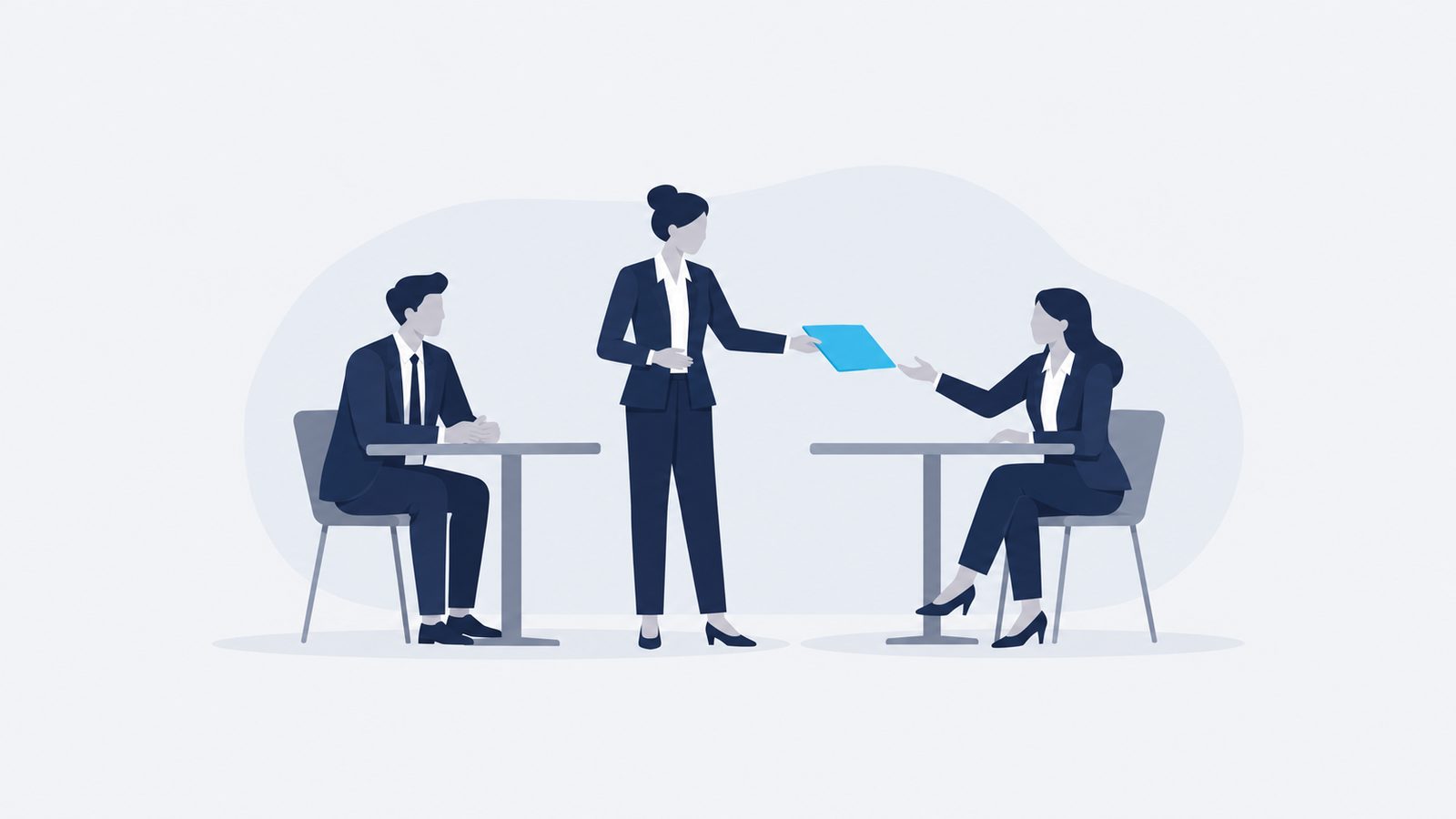 Three navy-suited figures exchange a celeste document between two distinct meeting tables on a light background.
