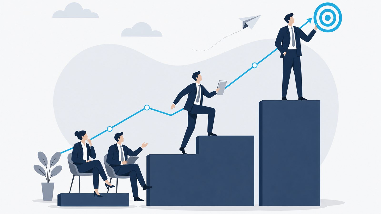 Board members reading a candidate's readiness across three ascending steps, with a single celeste line marking the horizon the next director general will hold.