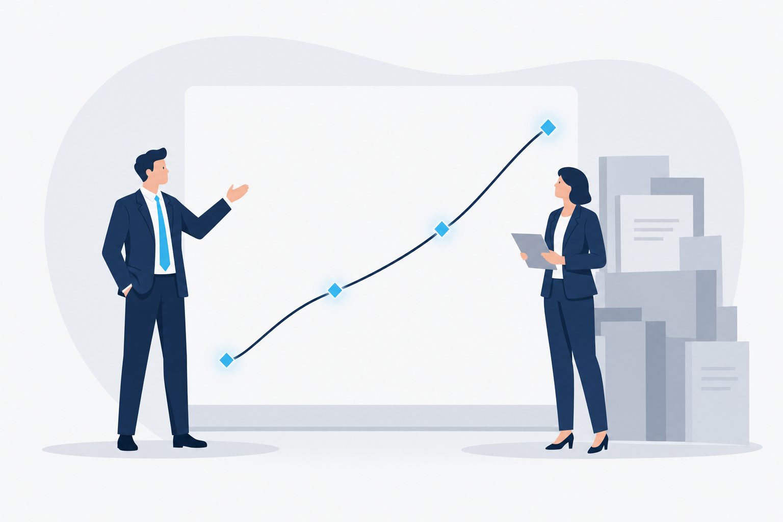 Two navy-suited business figures reading a compact evidence panel — a longitudinal growth curve rising through decades, with celeste focal markers where the four validity studies anchor the reading. A quiet, book-like composition suggesting archival research.